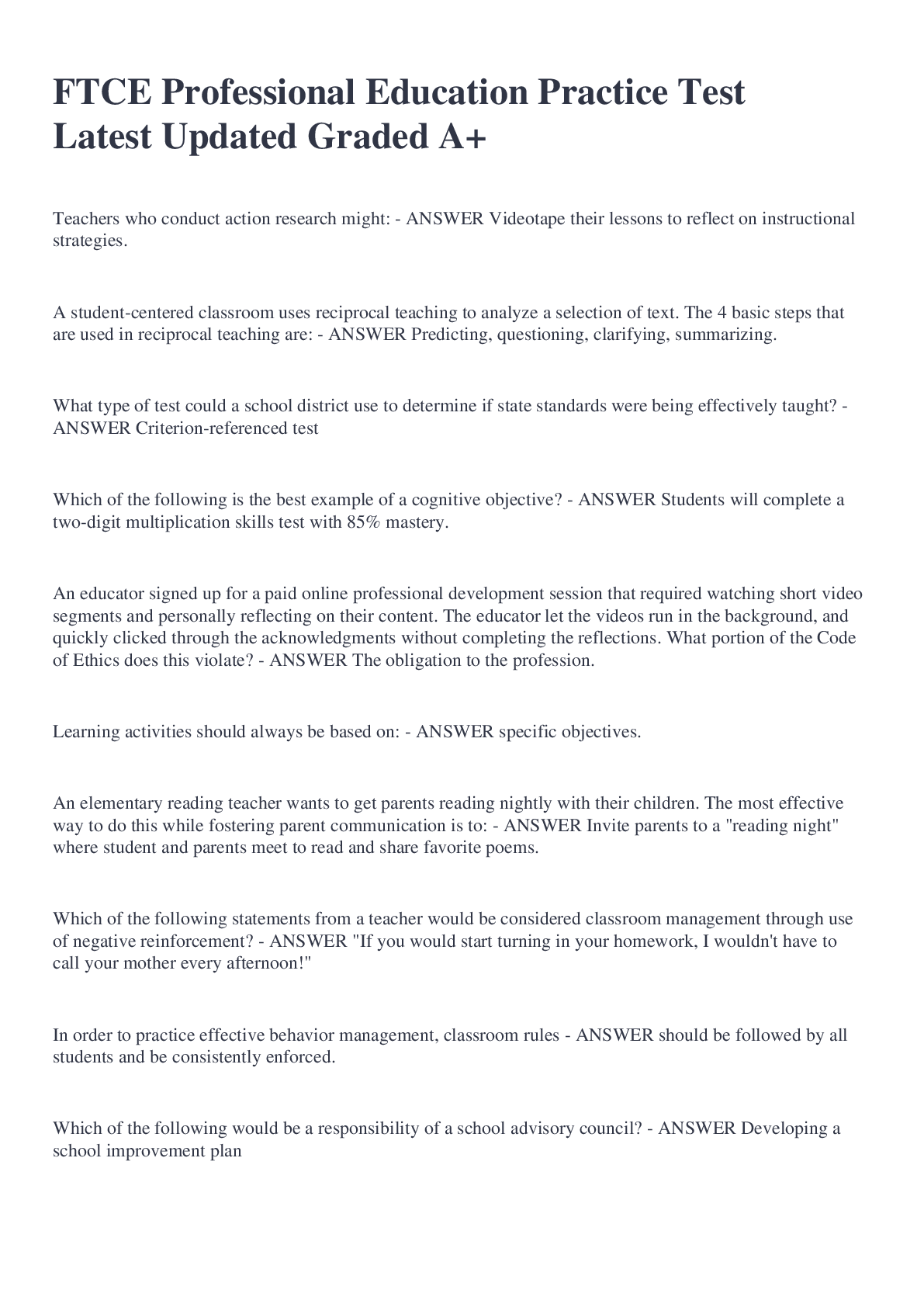 Preview of FTCE Professional Education Practice Test Latest Updated Graded A+